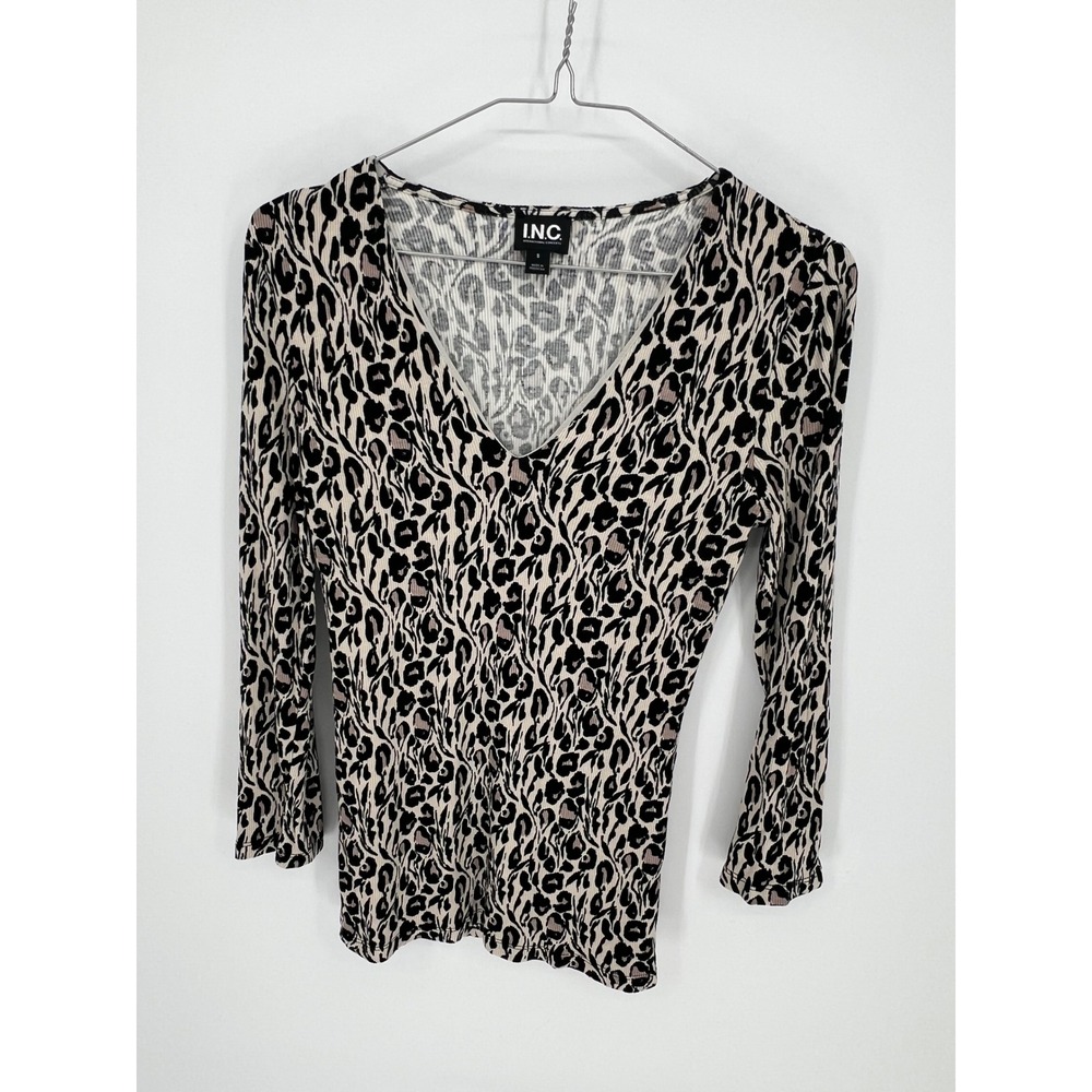 INC Womens Top Leopard Animal Print Ribbed V-Neck Cream Black Tan Size S